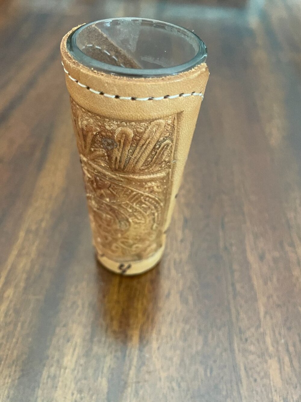 Mexico Aztec Tooled Leather Wrapped Sleeve Shot Glass 4" Lindo Embossed!